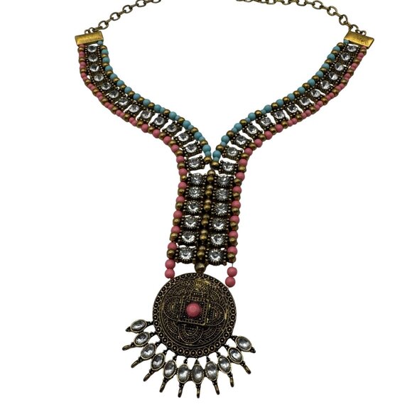 Multicolor Beaded Statement Necklace With Gold-Tone Chain & Intricate Pendant - Picture 3 of 4